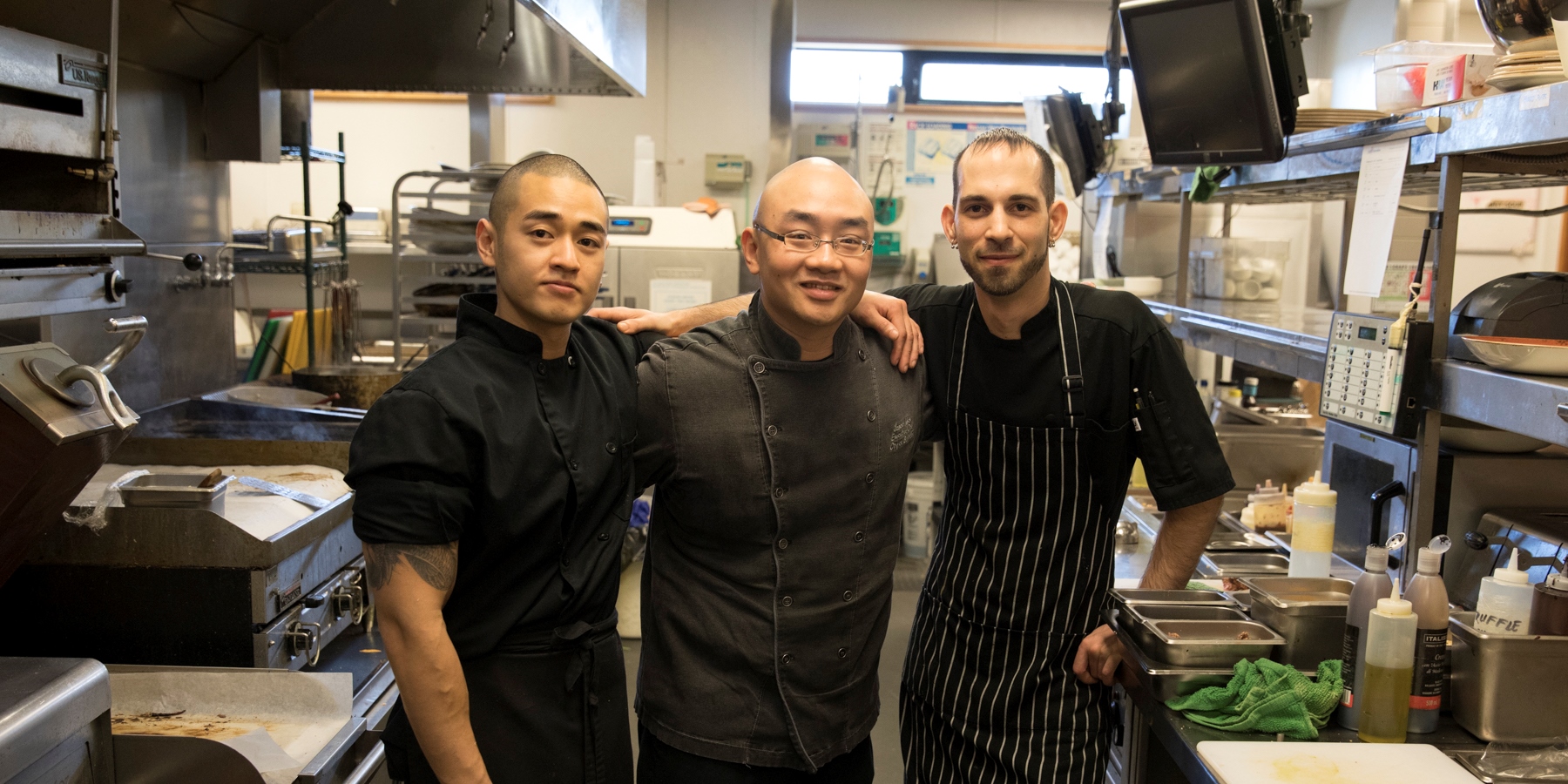 Danzen, Jason, and Joe at the Riverway restaurant kitchen