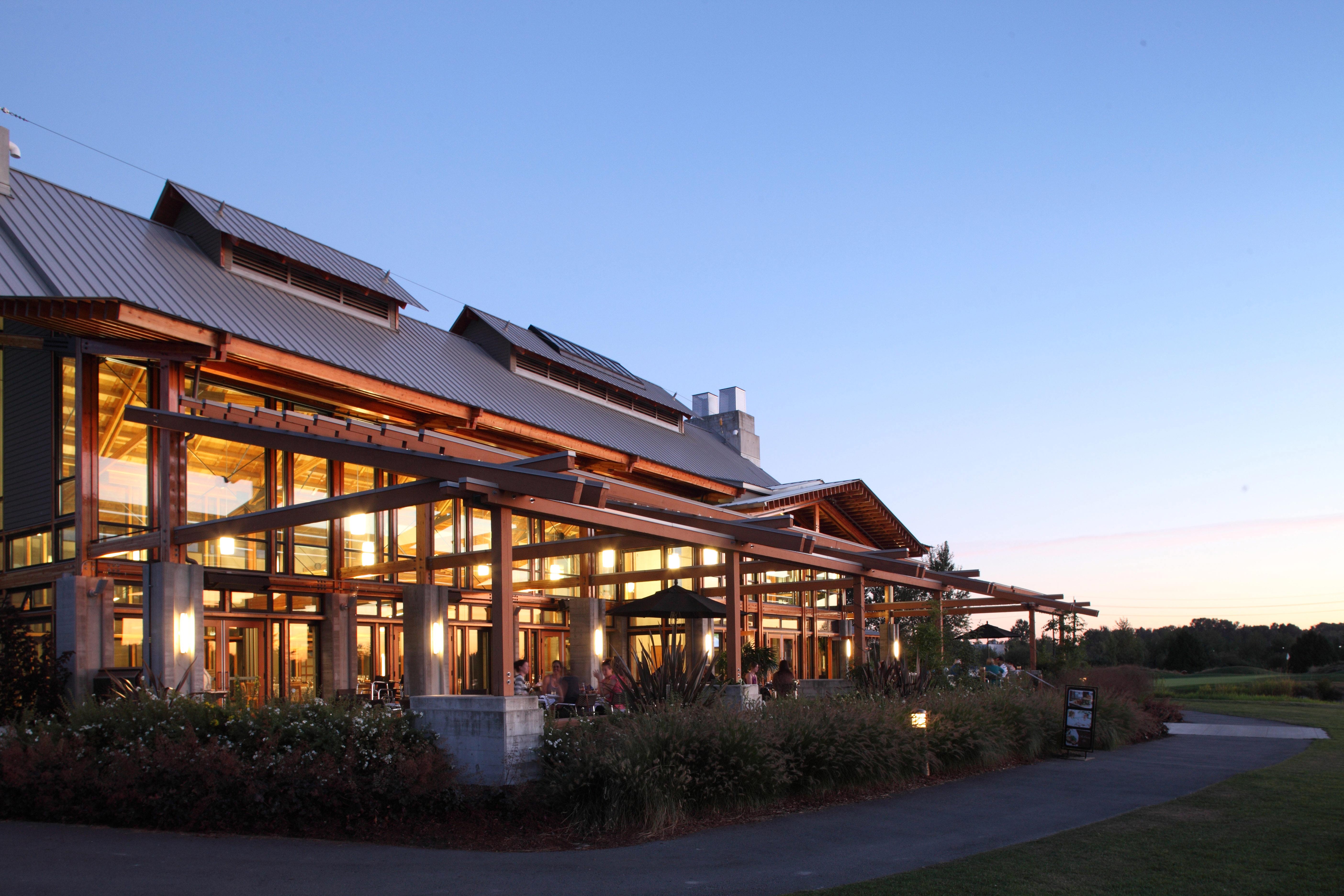 Riverway Clubhouse at dusk