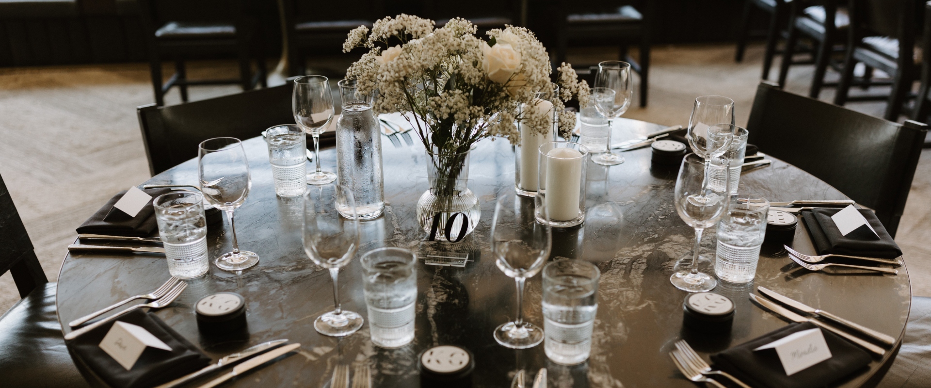 Table settings at a wedding table