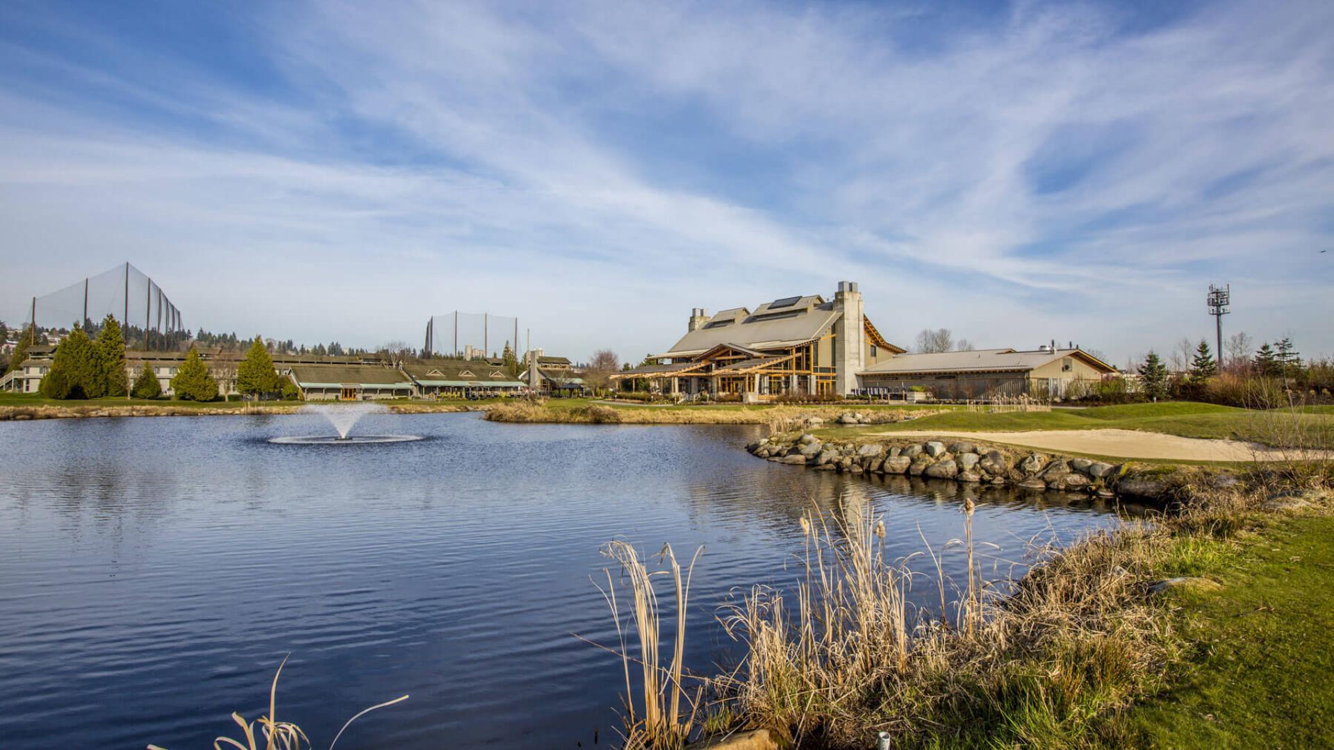 Summer day at Riverway Clubhouse, with a great view of the lake.