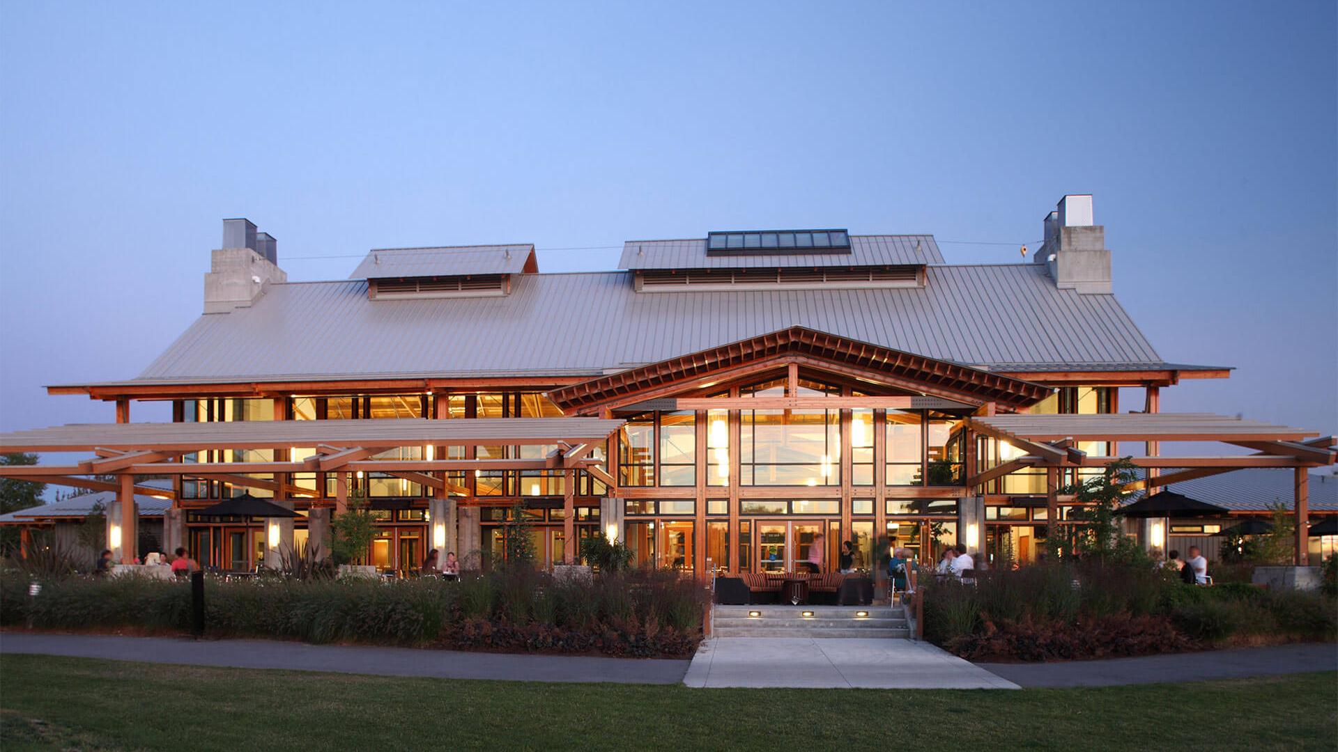 Riverway Clubhouse at dusk