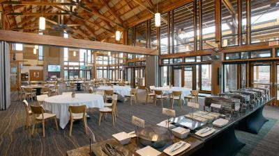 Riverway Clubhouse interior with buffet